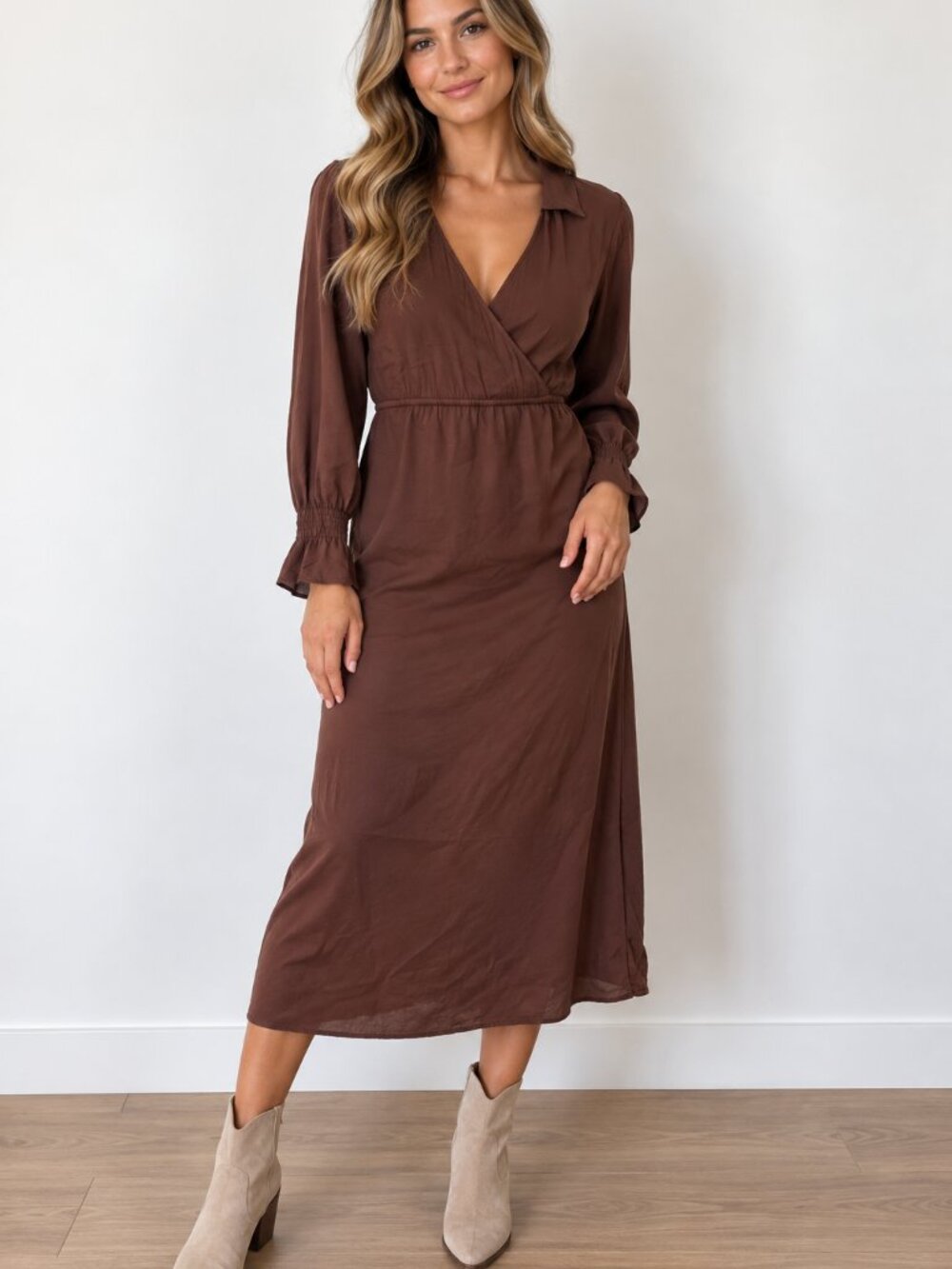 Frank & Oak Rust Brown Long Sleeve Wrap Midi Dress